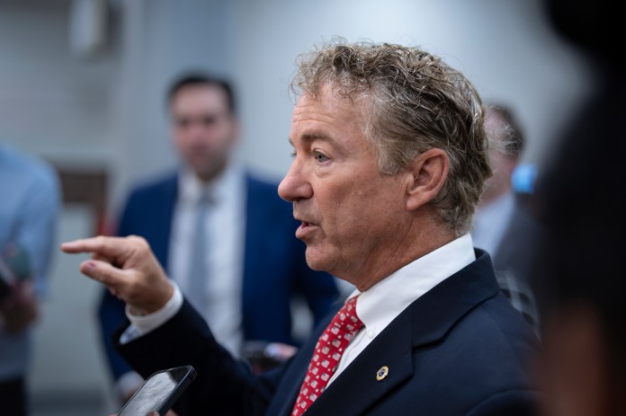 Sen. Rand Paul, R-Ky., speaks to reporters about Senate Minority Leader Mitch McConnell, R-Ky., and his recent freeze-ups on camera, at the Capitol in Washington, Thursday, Sept. 7, 2023. Paul, an ophthalmologist and eye surgeon by training, challenged the conclusions of Capitol Hill attending physician Brian Monahan, who released a letter suggesting McConnell's episodes were the result of dehydration.