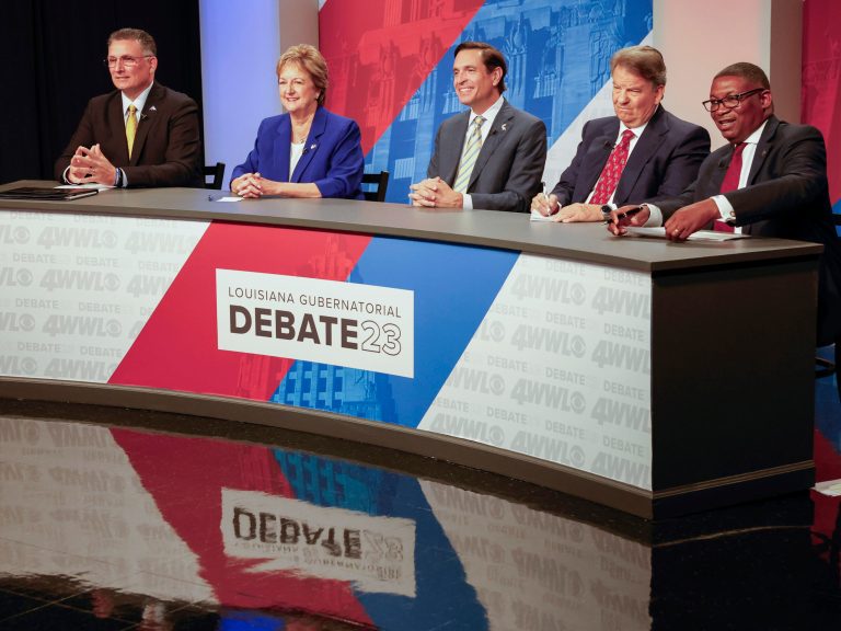 From left, gubernatorial candidates John Schroder, Sharon Hewitt, Stephen Waguespack, Hunter Lundy and Shawn Wilson take part in the first televised debate of the Louisiana governor's race at the WWL-TV Studios in New Orleans, Thursday, Sept. 7, 2023. 