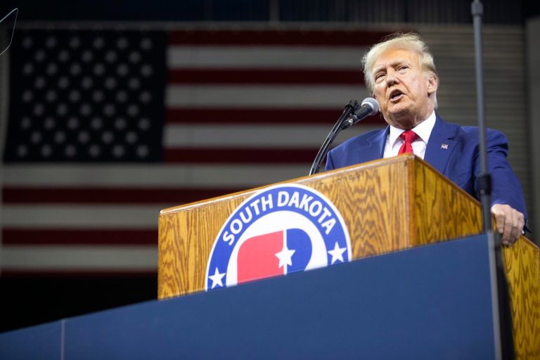 Former President Donald Trump speaks at the South Dakota Republican Party Monumental Leaders rally on Friday, Sept. 8, 2023, in Rapid City, South Dakota. 