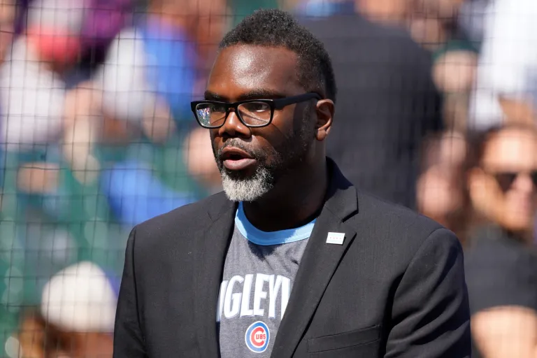 Mayor of Chicago, Brandon Johnson, before a baseball game between the Chicago Cubs and the Arizona Diamondbacks Sunday, Sept. 10, 2023, in Chicago.