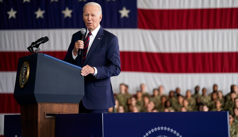 President Joe Biden speaks at Joint Base Elmendorf-Richardson to mark the anniversary of the 9/11 terrorist attacks on Monday, Sept. 11, 2023, in Anchorage, Alaska.