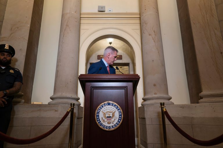 Speaker of the House Kevin McCarthy, R-Calif., steps away after speaking at the Capitol in Washington, Tuesday, Sept. 12, 2023. (AP Photo/J. Scott Applewhite)