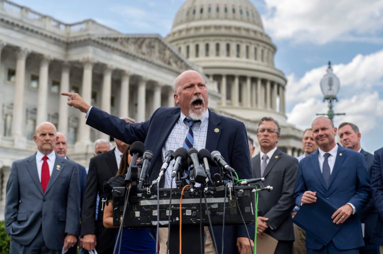 Rep. Chip Roy (R-TX) and members of the conservative House Freedom Caucus hold a news event outside the Capitol in Washington, D.C., on Sept. 12, 2023. (AP Photo/J. Scott Applewhite)