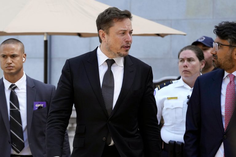 Elon Musk, CEO of X, the company formerly known as Twitter, departs from a closed-door gathering of leading tech CEOs on Capitol Hill in Washington, D.C., on Sept. 13, 2023. (AP Photo/Jacquelyn Martin)