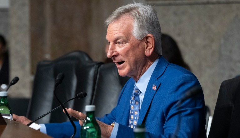 Sen. Tommy Tuberville (R-AL) questions Navy Adm. Lisa Franchetti during a Senate Armed Services Committee hearing.
