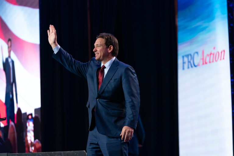 Republican presidential hopeful Gov. Ron DeSantis (R-FL) waves to the crowd as he speaks during the Pray Vote Stand Summit Friday, Sept. 15, 2023.