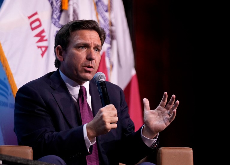 Republican presidential candidate Florida Gov. Ron DeSantis speaks at the Iowa Faith & Freedom Coalition's fall banquet, Saturday, Sept. 16, 2023, in Des Moines, Iowa.
