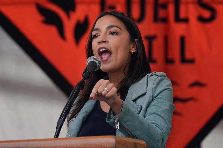 Rep. Alexandria Ocasio-Cortez (D-NY) speaks at a rally to end the use of fossil fuels, in New York, Sunday, Sept. 17, 2023.
