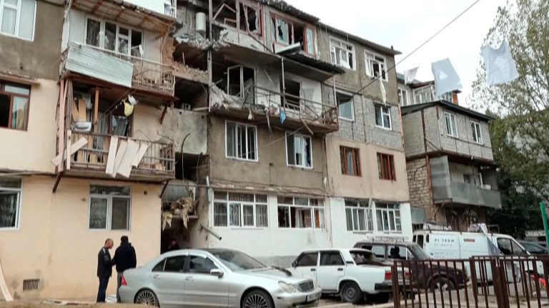 A damaged residential apartment building following shelling is seen in Stepanakert in the breakaway territory of Nagorno-Karabakh in Azerbaijan.