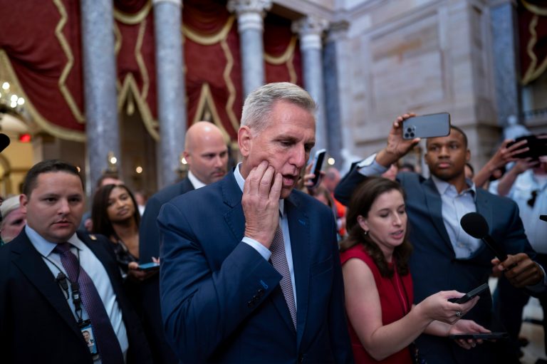 Speaker of the House Kevin McCarthy (R-CA) walks to his office after a resolution to debate the defense bill failed 212-214, as five Republicans bucked the party to sink it, at the Capitol in Washington, Tuesday, Sept. 19, 2023. House Republican leaders have still been unable to pass next year's appropriations bills on the floor due to GOP infighting.