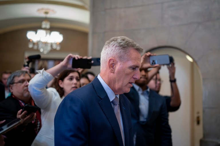 Speaker of the House Kevin McCarthy walks past reporters after a resolution to debate the defense bill failed 212-214, as five Republicans bucked the party to sink it, at the Capitol in Washington, Tuesday, Sept. 19, 2023.