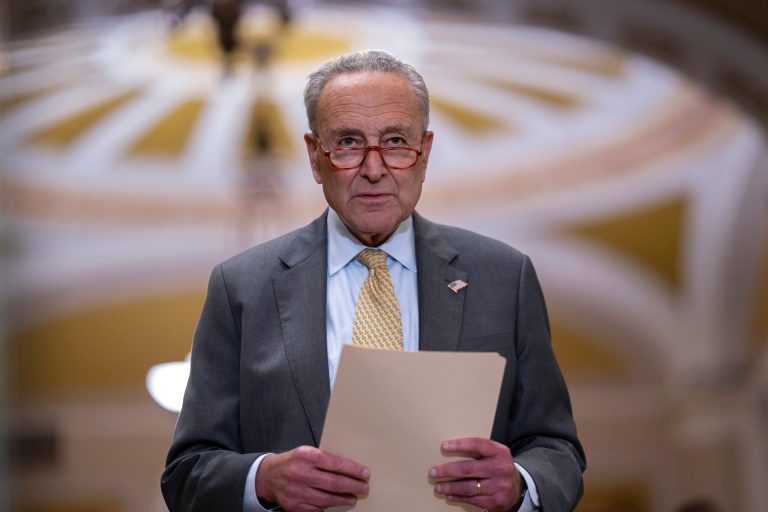 Senate Majority Leader Chuck Schumer (D-NY) speaks to reporters after a weekly caucus meeting, at the Capitol in Washington, Tuesday, Sept. 19, 2023. Schumer criticized House Republicans, especially hard-right conservatives, for failing to pass appropriations bills due to GOP infighting.