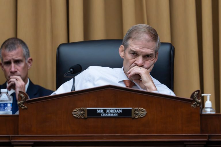 House Judiciary Committee Chairman Jim Jordan (R-OH) listens as Attorney General Merrick Garland appears before a House Judiciary Committee hearing, Wednesday, Sept. 20, 2023, on Capitol Hill in Washington.