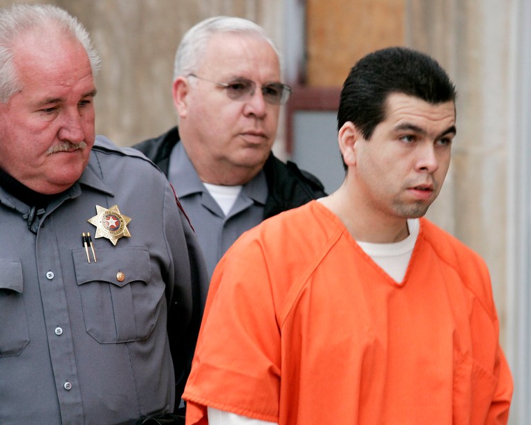 FILE - Anthony Sanchez, right, is escorted into a Cleveland County courtroom for a preliminary hearing, Feb. 23, 2005, in Norman, Oklahoma. On Thursday, Sept. 21, 2023, Oklahoma plans to execute Sanchez for the 1996 slaying of a University of Oklahoma dance student in a case that went unsolved for years. Sanchez, 44, is scheduled to receive a lethal injection at 10 a.m. at the Oklahoma State Penitentiary in McAlester, Oklahoma.