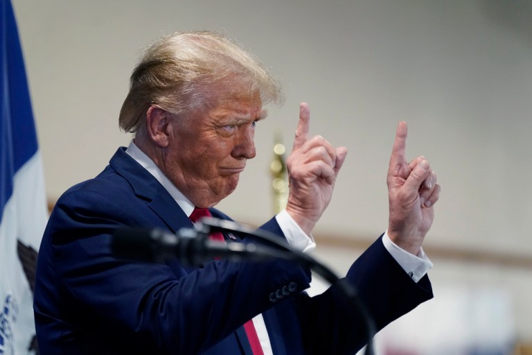 Former President Donald Trump speaks during a commit to caucus rally, Wednesday, Sept. 20, 2023, in Maquoketa, Iowa. 