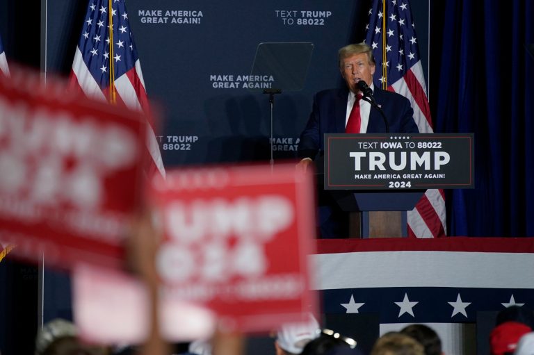 Former President Donald Trump speaks during a rally, Wednesday, Sept. 20, 2023, in Dubuque, Iowa.