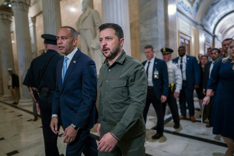 Ukrainian President Volodymyr Zelensky is welcomed to the Capitol in Washington by House Minority Leader Hakeem Jeffries (D-NY), left, Thursday, Sept. 21, 2023. It was Zelensky's second visit to Washington since Russia invaded.