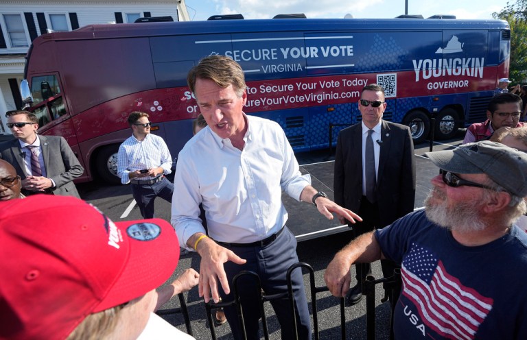 Gov. Glenn Youngkin (R-VA) gestures as he talks to supporters during an early voting rally Thursday, Sep. 21, 2023, in Petersburg, Virginia. Every Virginia legislative seat will be on the ballot in the November election, and both parties see a possible path to a majority.