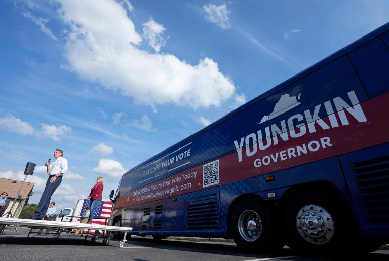 Gov. Glenn Youngkin (R-VA) gestures during an early voting rally on Thursday Sept. 21, 2023, in Petersburg, Virginia. Every Virginia legislative seat will be on the ballot in the Nov. 7 election, and both parties see a possible path to a majority.