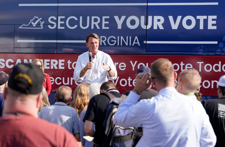 Gov. Glenn Youngkin (R-VA) addresses the crowd during an early voting rally Thursday, Sep. 21, 2023, in Petersburg, Virginia. 