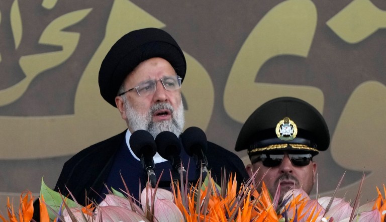Iranian President Ebrahim Raisi speaks during an annual military parade marking the anniversary of the beginning of war against Iran by former Iraqi Dictator Saddam Hussein, in front of the shrine of the late revolutionary founder Ayatollah Khomeini, just outside Tehran, Iran, Friday, Sept. 22, 2023.