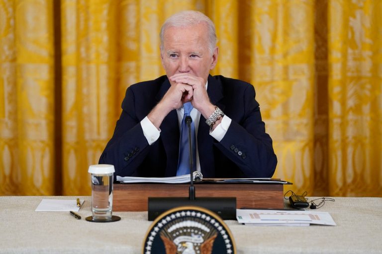 President Joe Biden listens during a meeting with Pacific Islands Forum leaders during the U.S.-Pacific Islands Forum Leader's Summit in the East Room of the White House, Monday, Sept. 25, 2023, in Washington. 