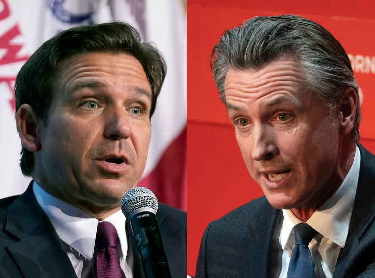 In this combination of photos, Gov. Ron DeSantis (R-FL) speaks on Sept. 16, 2023, in Des Moines, Iowa, at left, and Gov. Gavin Newsom (D-CA) speaks on Sept. 12, 2023, in Sacramento, California.