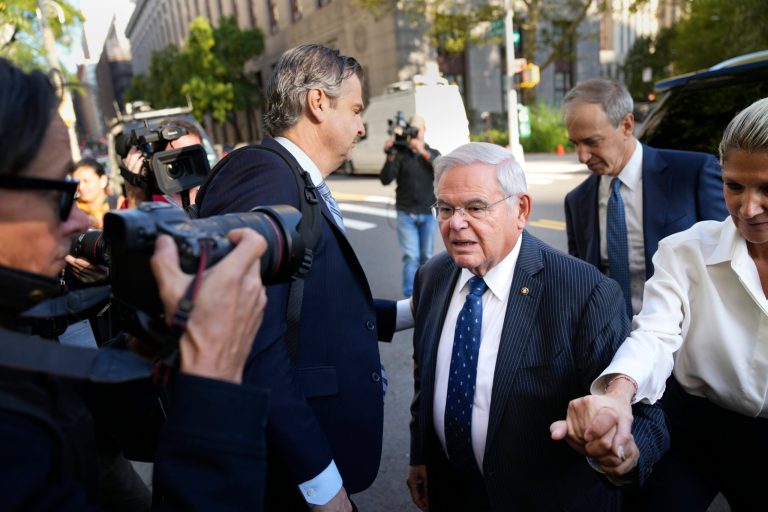 Sen. Bob Menendez (D-NJ) and his wife, Nadine, arrive at the federal courthouse in New York on Wednesday, Sept. 27, 2023. Menendez pleaded not guilty to federal charges alleging he used his post to advance Egyptian interests and carry out favors for local businessmen in exchange for bribes.