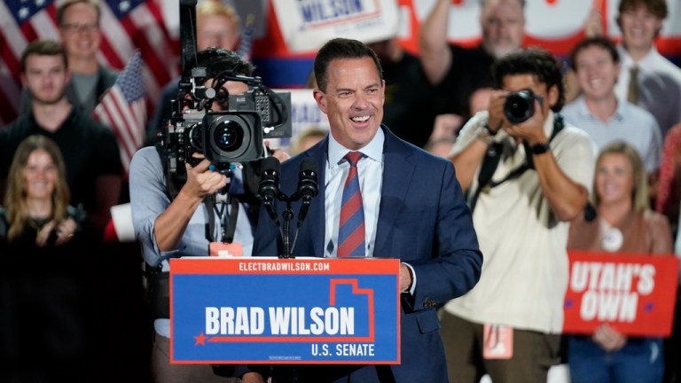 Republican Utah House Speaker Brad Wilson walks onto the stage before announcing that he is running for the U.S. Senate seat being vacated by Mitt Romney, who recently announced that he will not run for reelection, during a rally Wednesday, Sept. 27, 2023, in Draper, Utah.