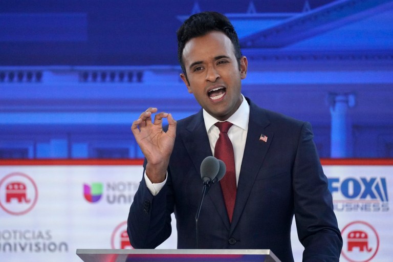 Businessman Vivek Ramaswamy speaks during a Republican presidential primary debate Sept. 27, 2023.