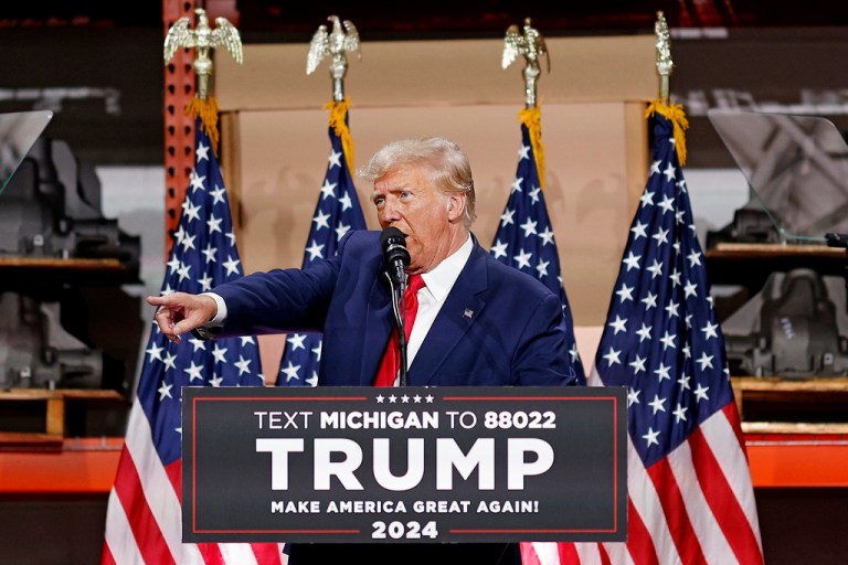 Former President Donald Trump speaks in Clinton Township, Michigan, Wednesday, Sept. 27, 2023.