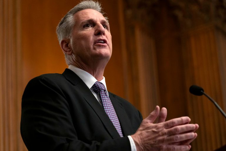 House Speaker Kevin McCarthy (R-CA) speaks to the media on Friday, Sept. 29, 2023, on Capitol Hill in Washington.