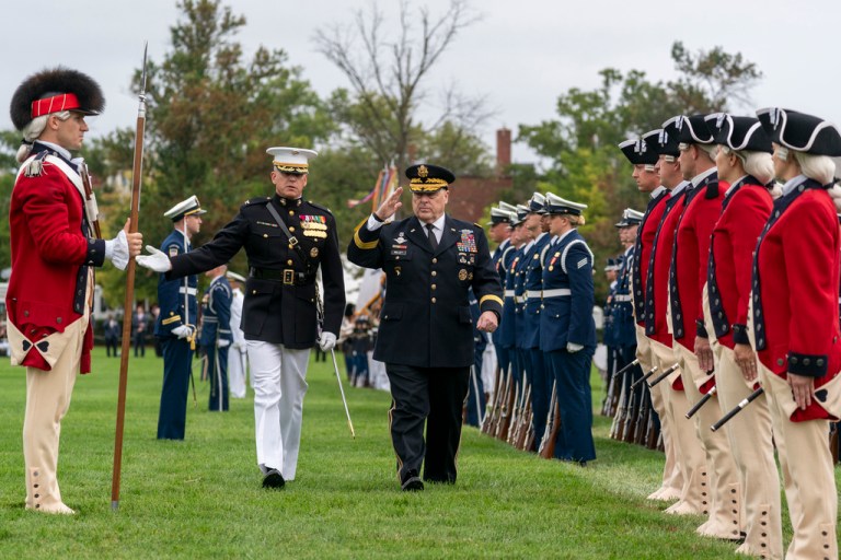 Col. Robert Sucher, Commander 8th and I, Marine Barracks Washington, left, and Joint Chiefs Chairman Gen. Mark Milley, during an inspection of the troops during an Armed Forces Farewell Tribute in honor of Joint Chiefs Chairman Gen. Mark Milley at Joint Base MyerâHenderson Hall, Friday, Sept. 29, 2023, in Fort Meyer, Va. 