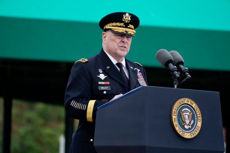 Retiring Chairman of the Joint Chiefs of Staff Gen. Mark Milley speaks during the Armed Forces Farewell Tribute in honor of Milley at Joint Base Myer-Henderson Hall, Friday, Sept. 29, 2023.