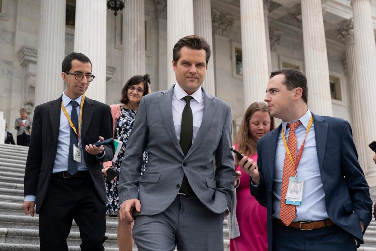 Rep. Matt Gaetz (R-FL) talks to reporters just after Speaker Kevin McCarthy's (R-CA) last-ditch plan to keep the government temporarily open collapsed, Sept. 29, 2023.