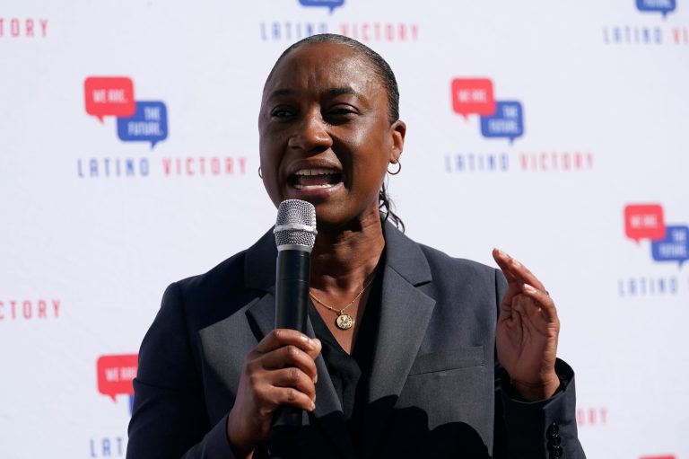 Laphonza Butler, president of EMILY's List, speaks during a rally held by the Latino Victory Fund Thursday, Oct. 20, 2022, in Coral Gables, Florida. Gov. Gavin Newsom (D-CA) has named Butler to fill the U.S. Senate seat made vacant by Sen. Dianne Feinstein's death.