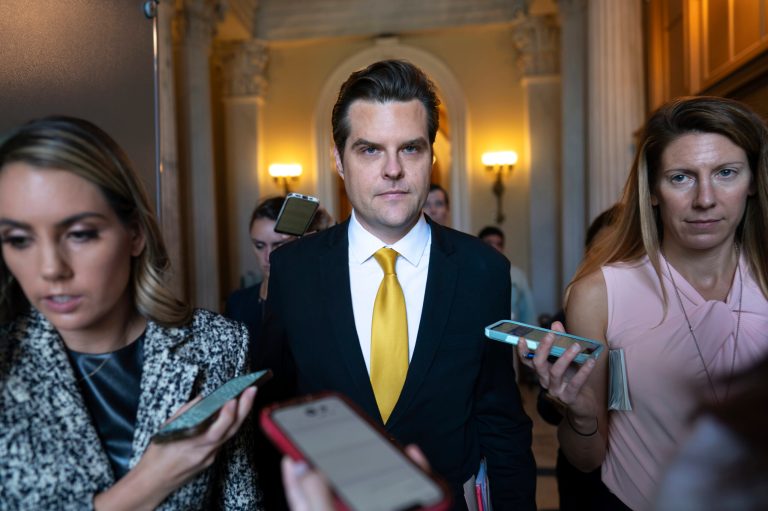 Rep. Matt Gaetz (R-FL), one of House Speaker Kevin McCarthy's (R-CA) harshest critics, leaves the chamber after speaking on the floor at the Capitol in Washington, Monday, Oct. 2, 2023. Gaetz has said he plans to use a procedural tool called a motion to vacate to try and strip McCarthy of his office as soon as this week.