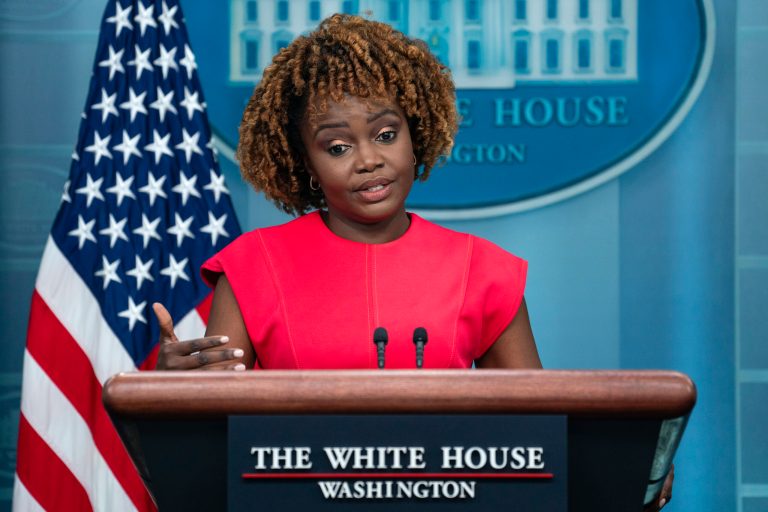 White House press secretary Karine Jean-Pierre speaks during a press briefing at the White House, Monday, Oct. 2, 2023, in Washington.