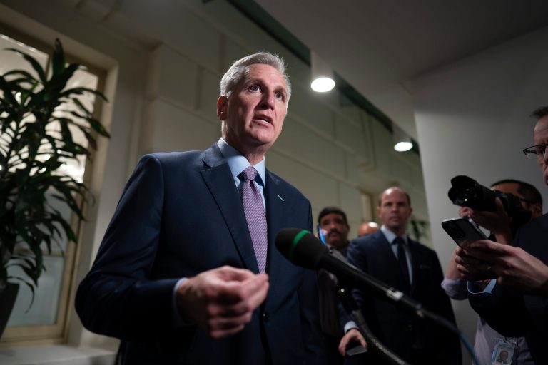 Speaker of the House Kevin McCarthy (R-CA) talks to reporters after a closed-door meeting with Rep. Matt Gaetz (R-FL) and other House Republicans after Gaetz filed a motion to oust McCarthy from his leadership role, at the Capitol in Washington, Tuesday, Oct. 3, 2023.