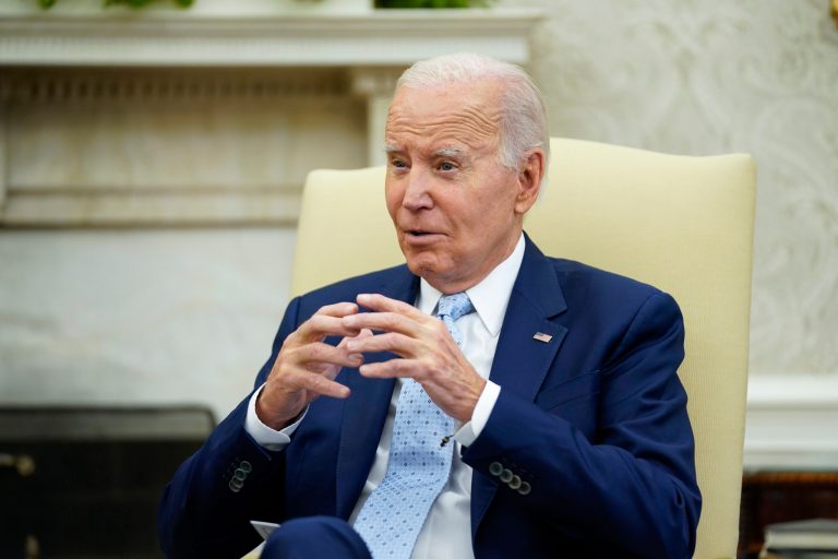 President Joe Biden speaks as he holds a meeting to receive a briefing on Ukraine in the Oval Office of the White House, Thursday, Oct. 5, 2023, in Washington.