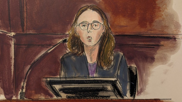 In this courtroom sketch,  Caroline Ellison testifies in Manhattan federal court, Tuesday, Oct. 10, 2023, in New York. 