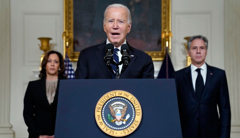 President Joe Biden speaks Tuesday, Oct. 10, 2023, in the State Dining Room of the White House in Washington, about the war between Israel and the militant Palestinian group Hamas, as Vice President Kamala Harris and Secretary of State Antony Blinken listen.
