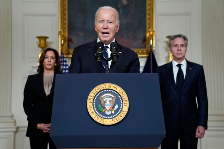 President Joe Biden speaks Tuesday, Oct. 10, 2023, as Vice President Kamala Harris and Secretary of State Antony Blinken listen.