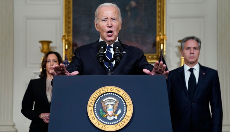 President Joe Biden speaks Tuesday, Oct. 10, 2023, as Vice President Kamala Harris and Secretary of State Antony Blinken listen.