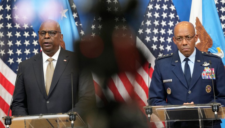 United States Secretary of Defense Lloyd Austin, left, and Chairman of the Joint Chiefs of Staff, U.S. Air Force General CQ Brown, address a media conference after a meeting of NATO defense ministers at NATO headquarters in Brussels, Wednesday, Oct. 11, 2023. Ukraine's President Volodymyr Zelensky and Ukraine's Defense Minister Rustem Umerov arrived at NATO for meetings with alliance defense ministers to further drum up support for Ukraine's fight against Russia.