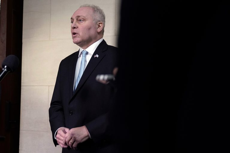 Majority Leader Steve Scalise (R-LA) speaks to reporters after a closed-door meeting of House Republicans, Wednesday, Oct. 11, 2023.