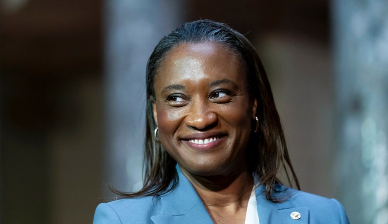 Sen. Laphonza Butler (D-CA) smiles during a reenactment of her swearing-in ceremony to the Senate to succeed the late Sen. Dianne Feinstein on Oct. 3, 2023, on Capitol Hill in Washington. 