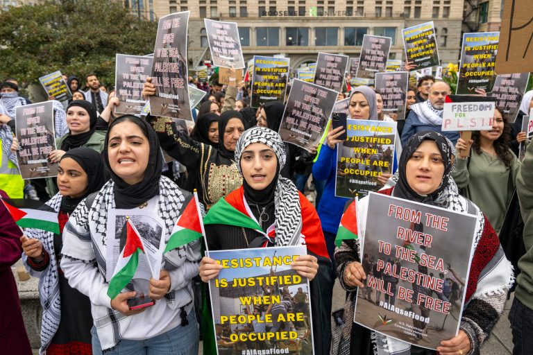 Supporters of Palestinians gather in the Loop in Chicago on Wednesday, Oct. 11, 2023.