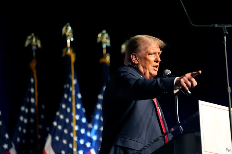 Republican presidential candidate former President Donald Trump speaks on Wednesday, Oct. 11, 2023, at Palm Beach County Convention Center in West Palm Beach, Florida. 