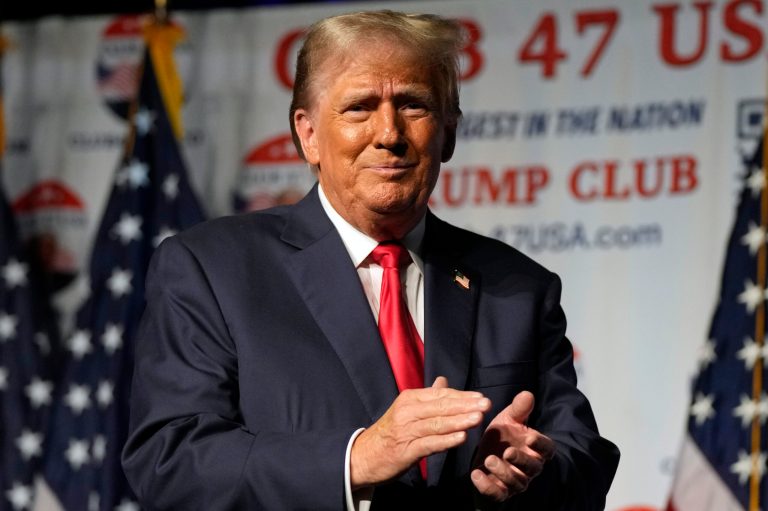 Republican presidential candidate Donald Trump gestures after speaking Wednesday, Oct. 11, 2023, at Palm Beach County Convention Center in West Palm Beach, Florida. A judge has rejected an attempt by Trump to dismiss a lawsuit seeking to keep him off the ballot in Colorado, ruling that his objections on free-speech grounds did not apply. The decision paves the way for a trial later this month over whether a constitutional 